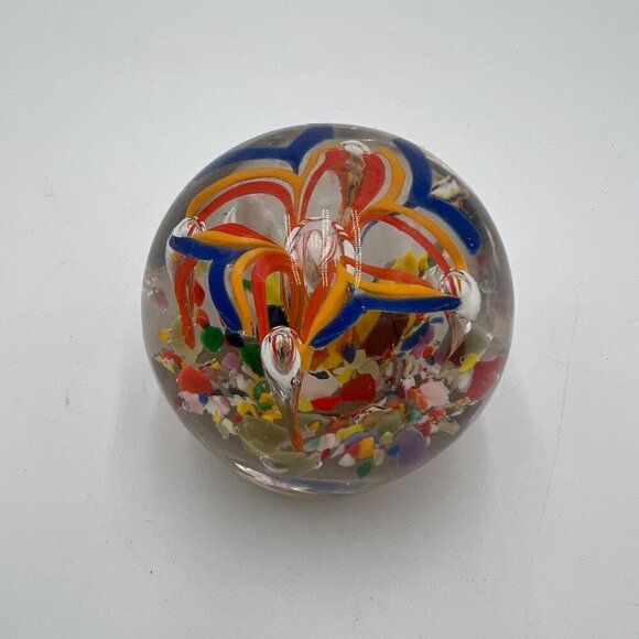 Red, White & Yellow Flower Paperweight w/Controlled Bubbles - Picture 3 of 5